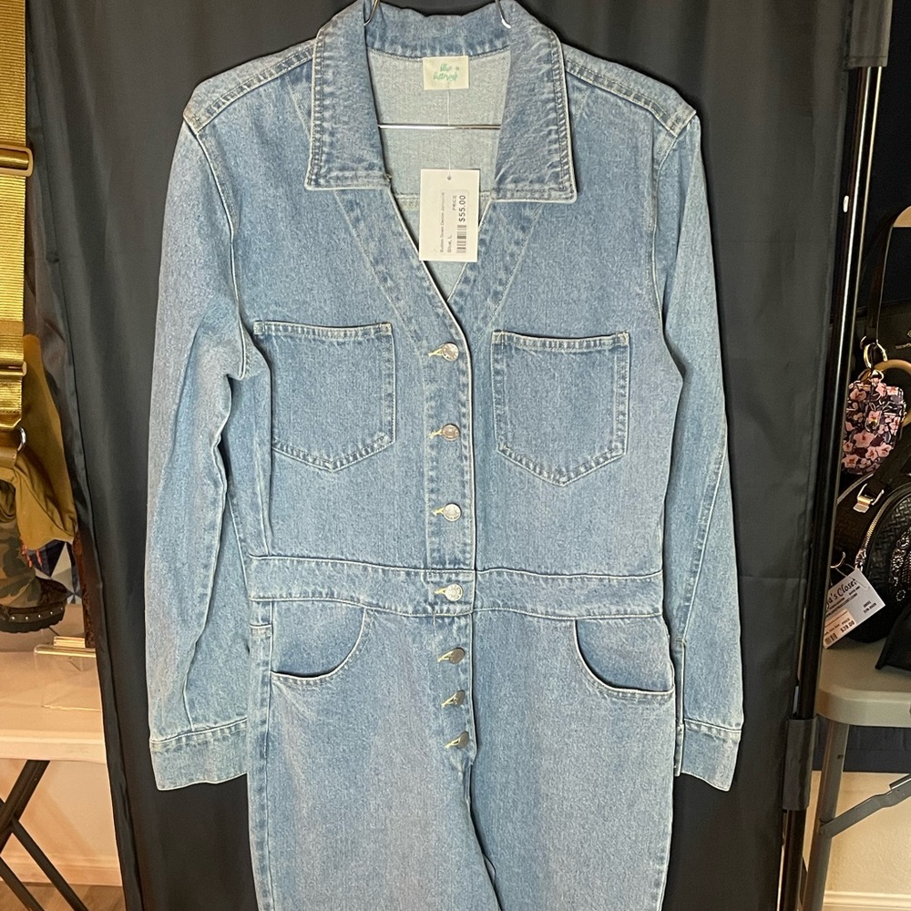 Blue Button Down Denim Jumpsuit From The Brand Blue Buttercup. NWT.
